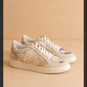 Cream Embroidered Floral Lace-Up Sneakers
